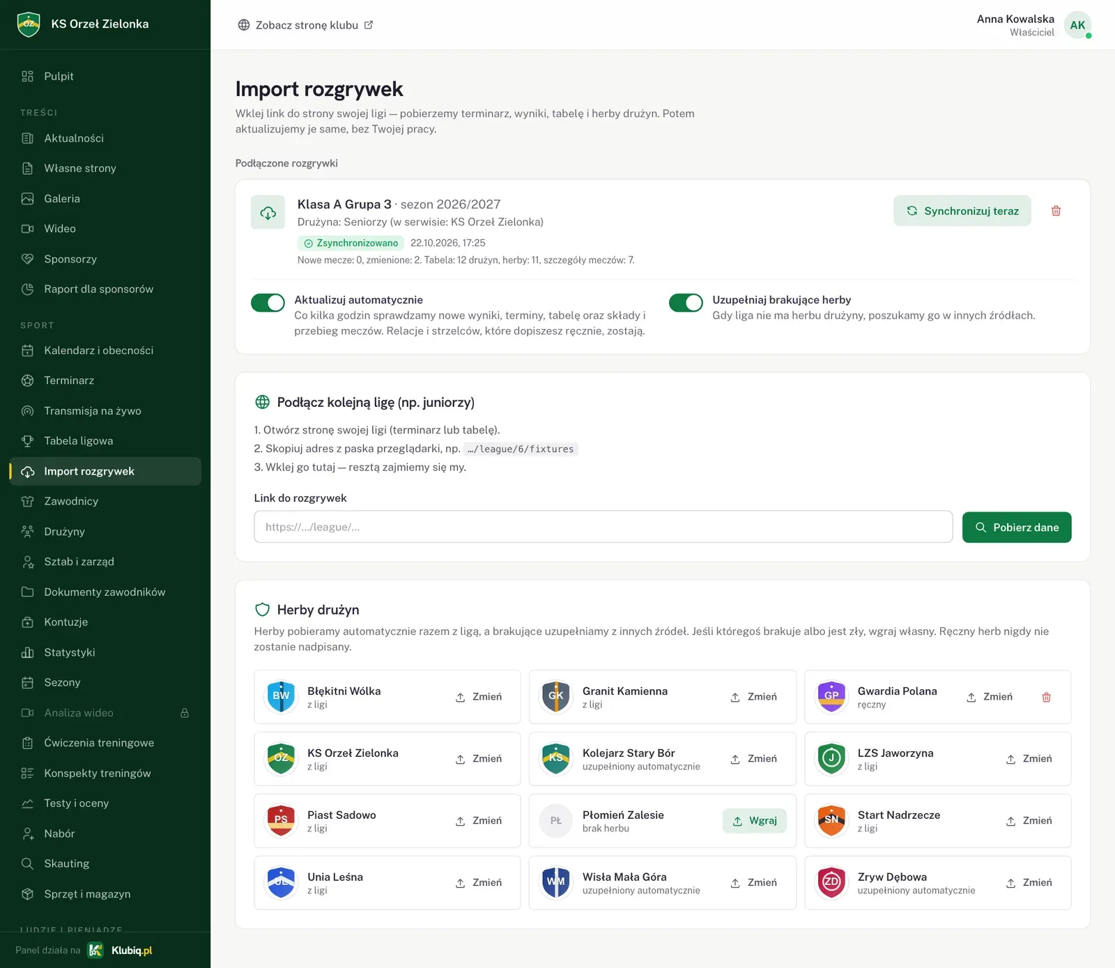 Podłączona liga w panelu klubu