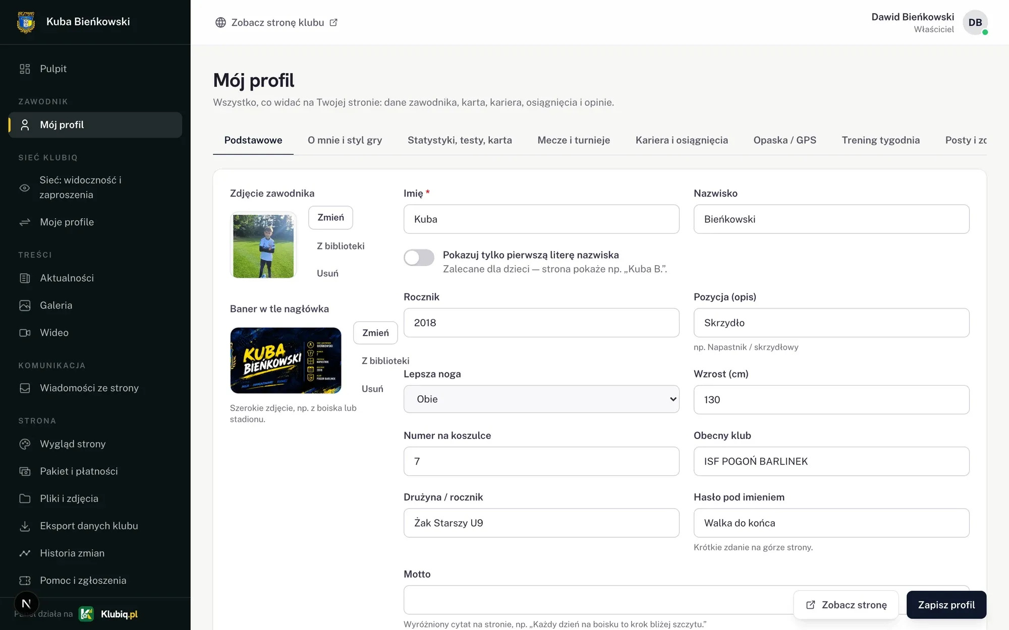Panel zawodnika: formularz profilu