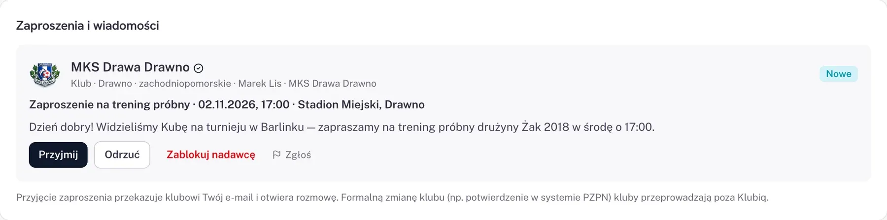 Zaproszenia na treningi próbne