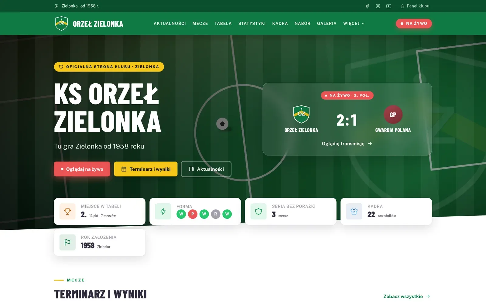 Strona klubu na Klubiq: aktualności, terminarz, tabela
